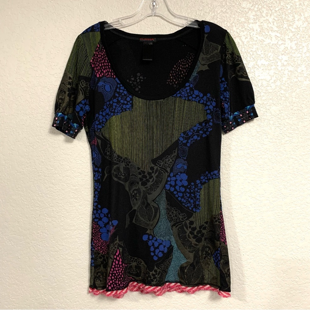 Y2K Custo Barcelona Top Tee Women M Abstract Artsy Print Short Sleeve Scoop Neck